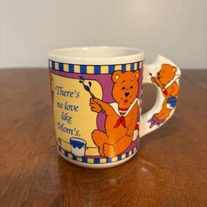 Vintage Teddy Bear Mug 3D Handle “There’s No Love Like Mom’s” Cute Coffee Cup